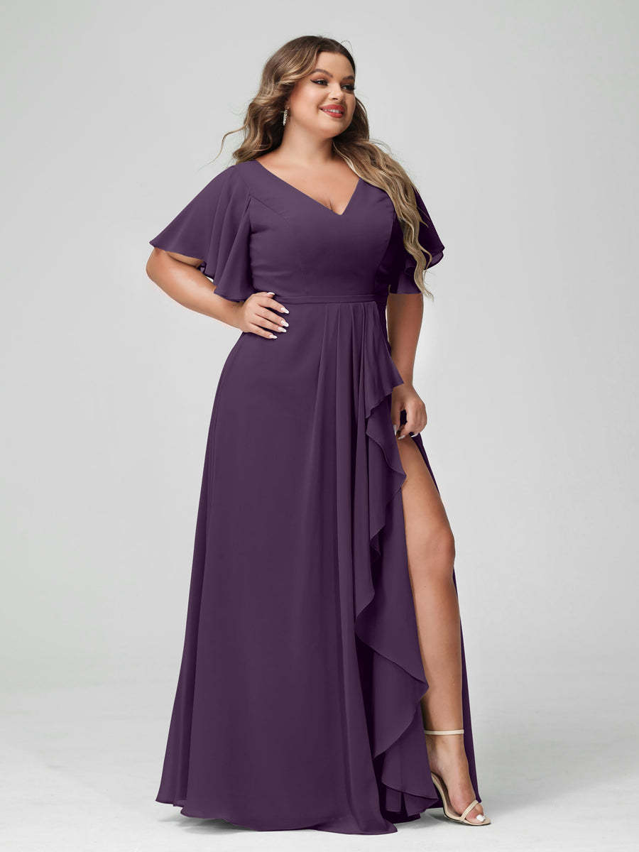 Plus Size Chiffon Bridesmaid Dress with V-Neck, A-Line/Princess Cut, Half Sleeves, Side Split & Ruffles-BMbridal.UK
