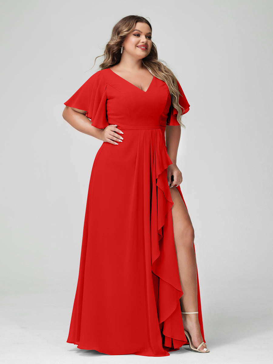 Plus Size Chiffon Bridesmaid Dress with V-Neck, A-Line/Princess Cut, Half Sleeves, Side Split & Ruffles-BMbridal.UK