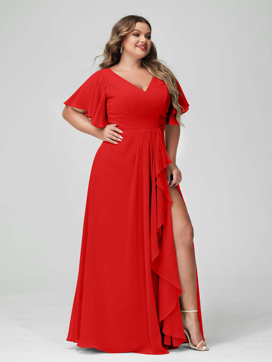 Plus Size Chiffon Bridesmaid Dress with V-Neck, A-Line/Princess Cut, Half Sleeves, Side Split & Ruffles-BMbridal.UK