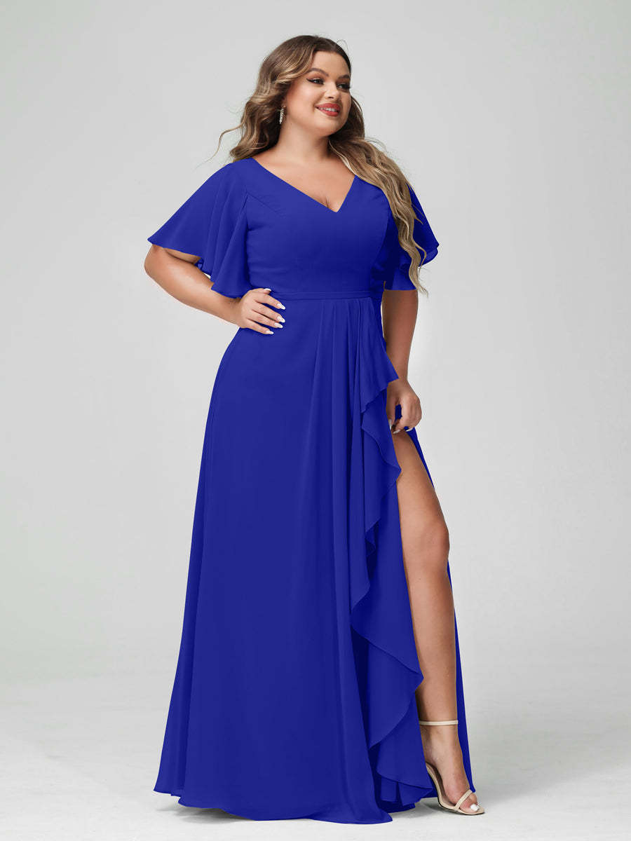 Plus Size Chiffon Bridesmaid Dress with V-Neck, A-Line/Princess Cut, Half Sleeves, Side Split & Ruffles-BMbridal.UK