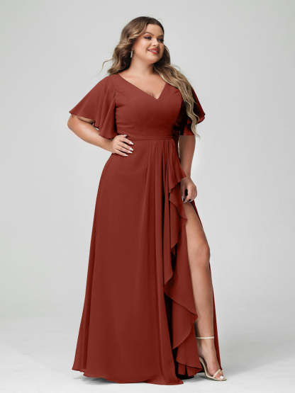 Plus Size Chiffon Bridesmaid Dress with V-Neck, A-Line/Princess Cut, Half Sleeves, Side Split & Ruffles-BMbridal.UK