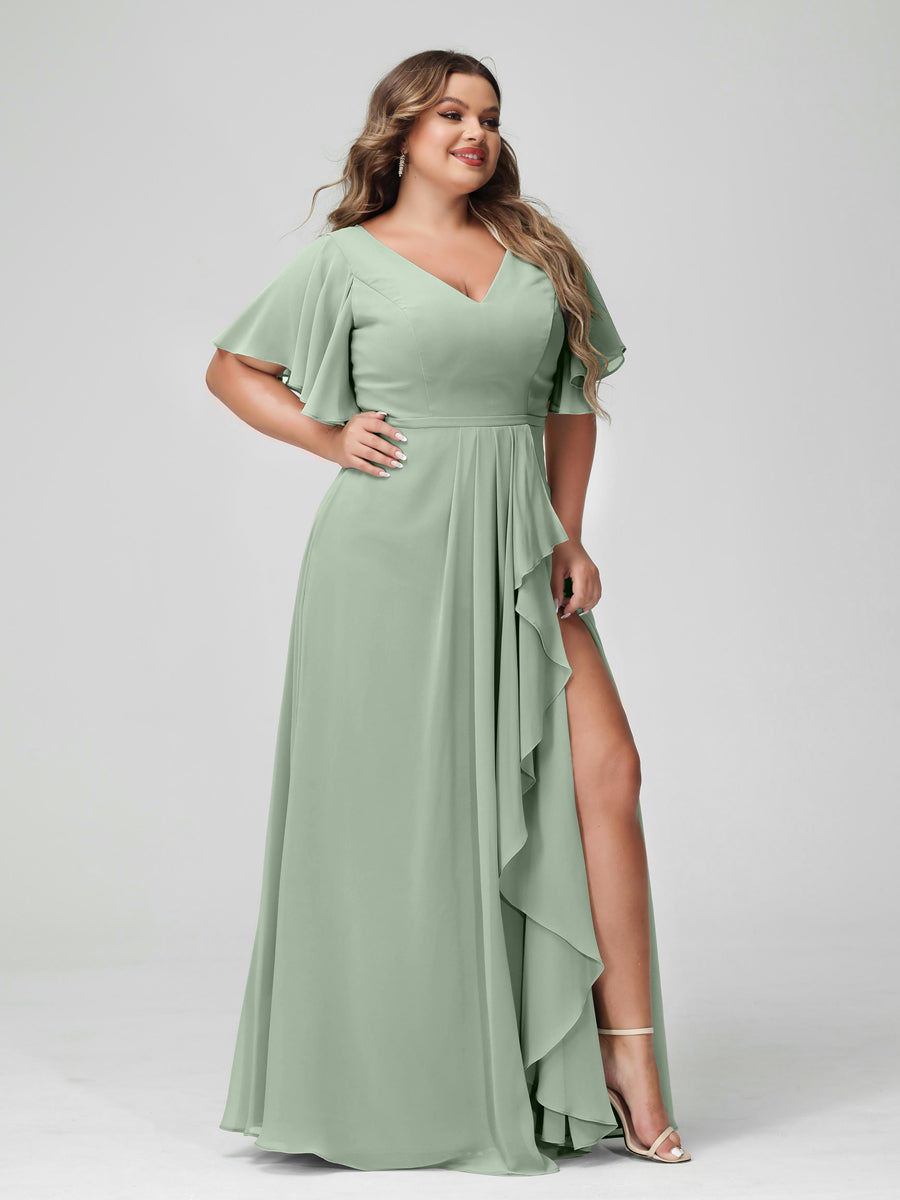 Plus Size Chiffon Bridesmaid Dress with V-Neck, A-Line/Princess Cut, Half Sleeves, Side Split & Ruffles-BMbridal.UK