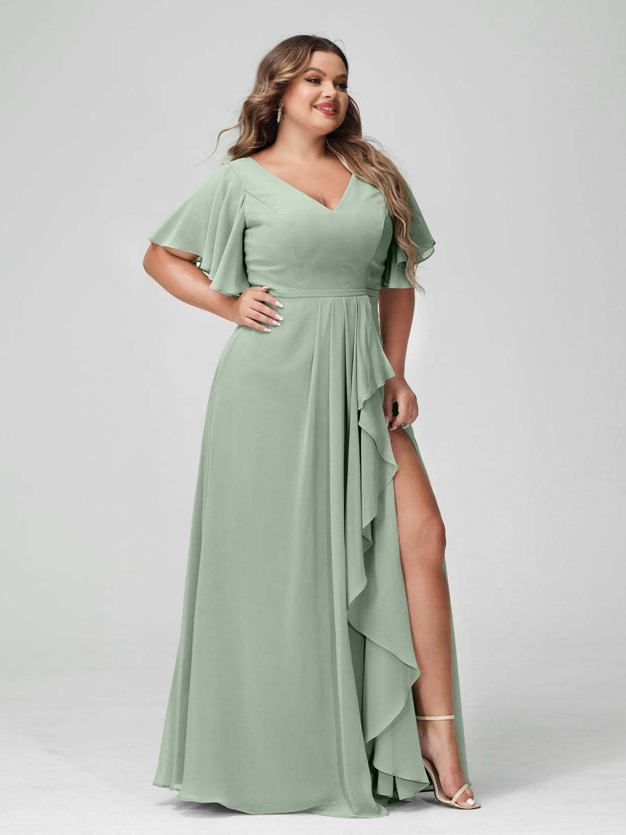 Plus Size Chiffon Bridesmaid Dress with V-Neck, A-Line/Princess Cut, Half Sleeves, Side Split & Ruffles-BMbridal.UK