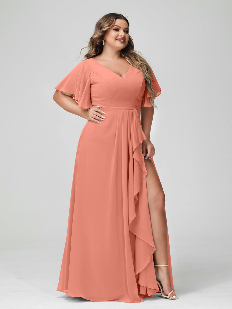 Plus Size Chiffon Bridesmaid Dress with V-Neck, A-Line/Princess Cut, Half Sleeves, Side Split & Ruffles-BMbridal.UK