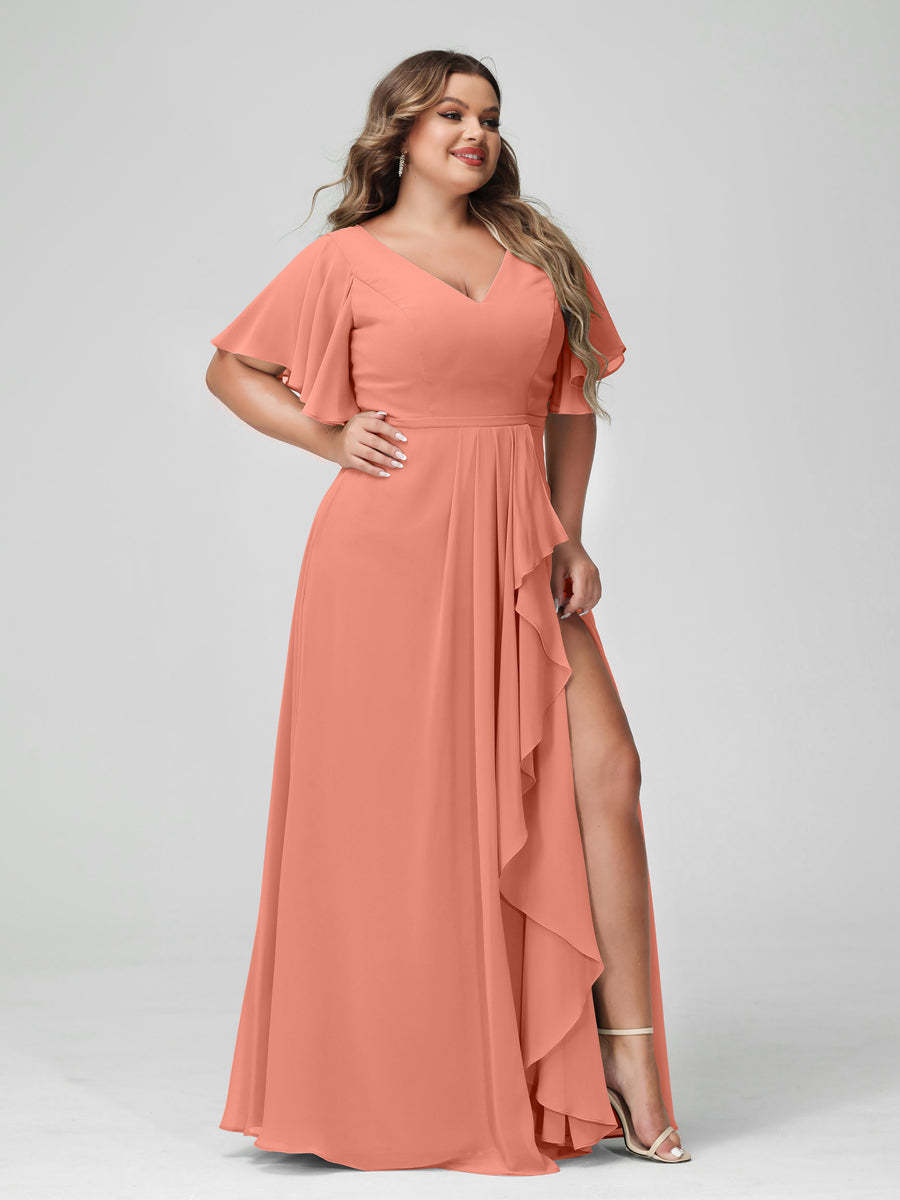 Plus Size Chiffon Bridesmaid Dress with V-Neck, A-Line/Princess Cut, Half Sleeves, Side Split & Ruffles-BMbridal.UK