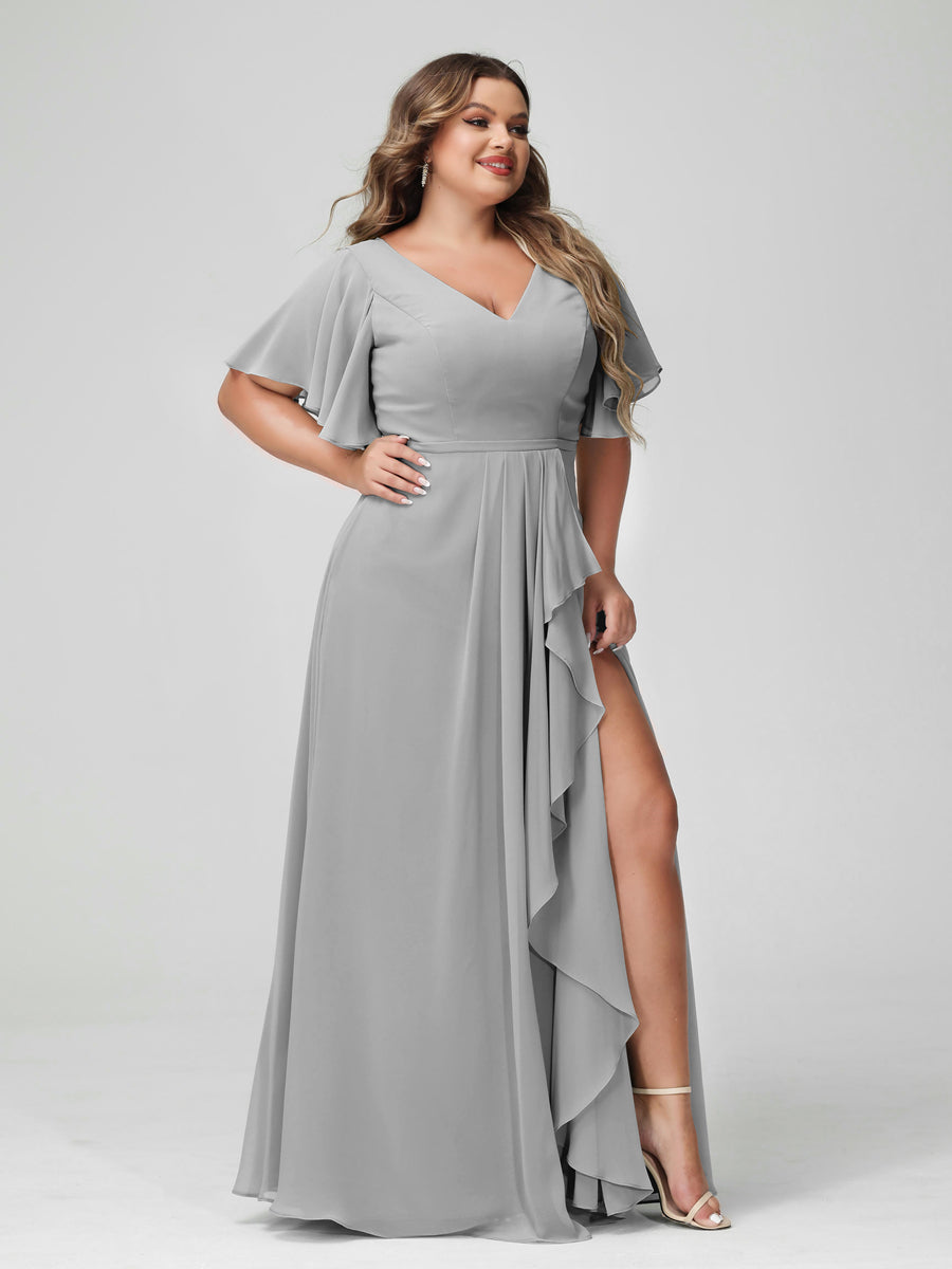 Plus Size Chiffon Bridesmaid Dress with V-Neck, A-Line/Princess Cut, Half Sleeves, Side Split & Ruffles-BMbridal.UK