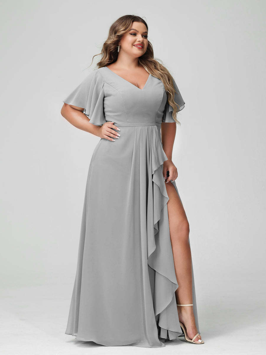 Plus Size Chiffon Bridesmaid Dress with V-Neck, A-Line/Princess Cut, Half Sleeves, Side Split & Ruffles-BMbridal.UK