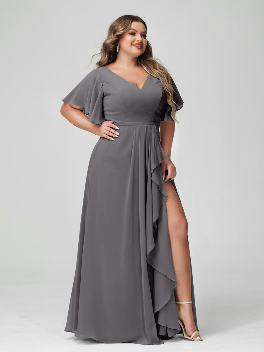 Plus Size Chiffon Bridesmaid Dress with V-Neck, A-Line/Princess Cut, Half Sleeves, Side Split & Ruffles-BMbridal.UK