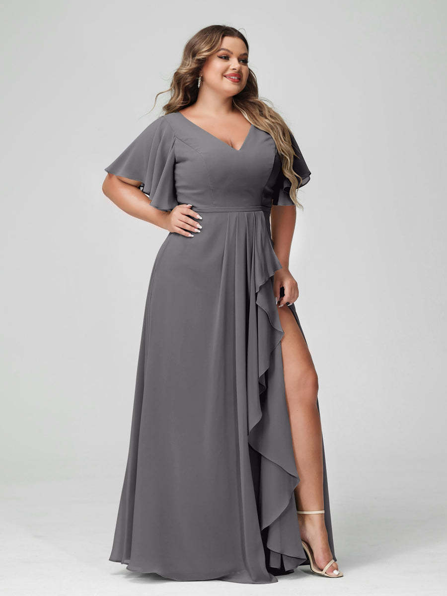 Plus Size Chiffon Bridesmaid Dress with V-Neck, A-Line/Princess Cut, Half Sleeves, Side Split & Ruffles-BMbridal.UK