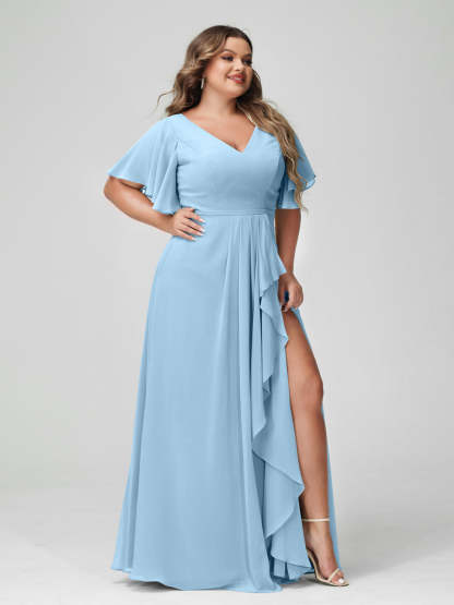 Plus Size Chiffon Bridesmaid Dress with V-Neck, A-Line/Princess Cut, Half Sleeves, Side Split & Ruffles-BMbridal.UK