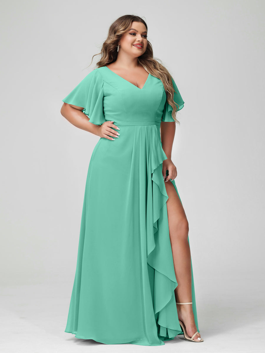 Plus Size Chiffon Bridesmaid Dress with V-Neck, A-Line/Princess Cut, Half Sleeves, Side Split & Ruffles-BMbridal.UK