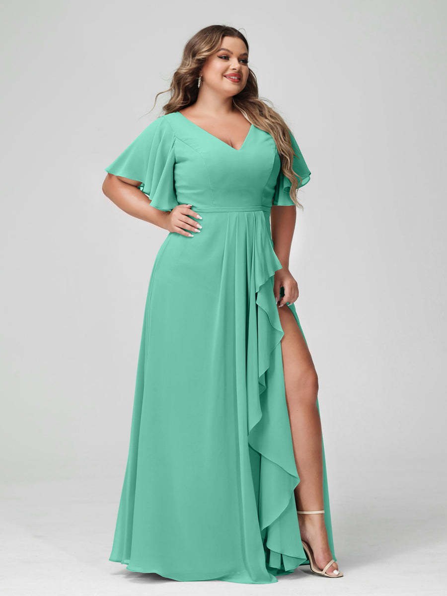 Plus Size Chiffon Bridesmaid Dress with V-Neck, A-Line/Princess Cut, Half Sleeves, Side Split & Ruffles-BMbridal.UK