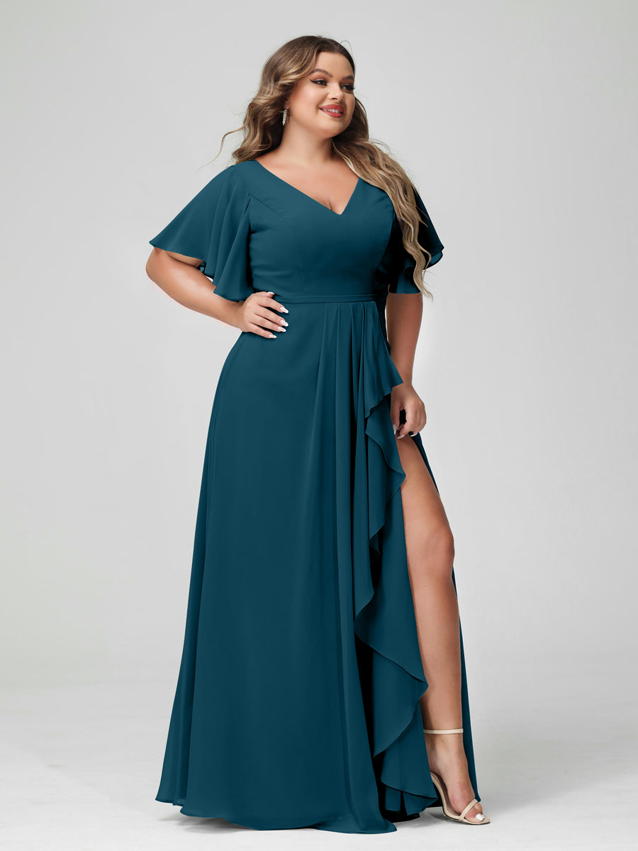 Plus Size Chiffon Bridesmaid Dress with V-Neck, A-Line/Princess Cut, Half Sleeves, Side Split & Ruffles-BMbridal.UK