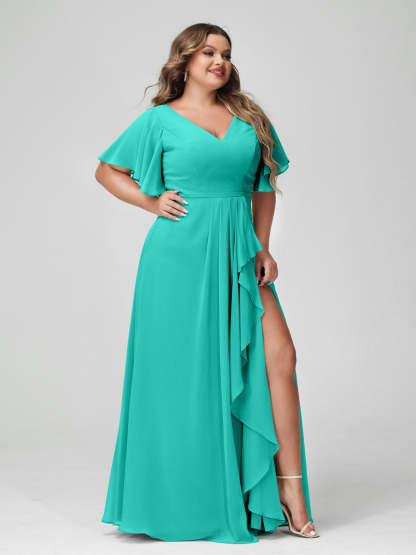 Plus Size Chiffon Bridesmaid Dress with V-Neck, A-Line/Princess Cut, Half Sleeves, Side Split & Ruffles-BMbridal.UK