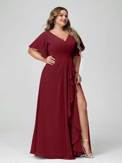 Plus Size Chiffon Bridesmaid Dress with V-Neck, A-Line/Princess Cut, Half Sleeves, Side Split & Ruffles-BMbridal.UK
