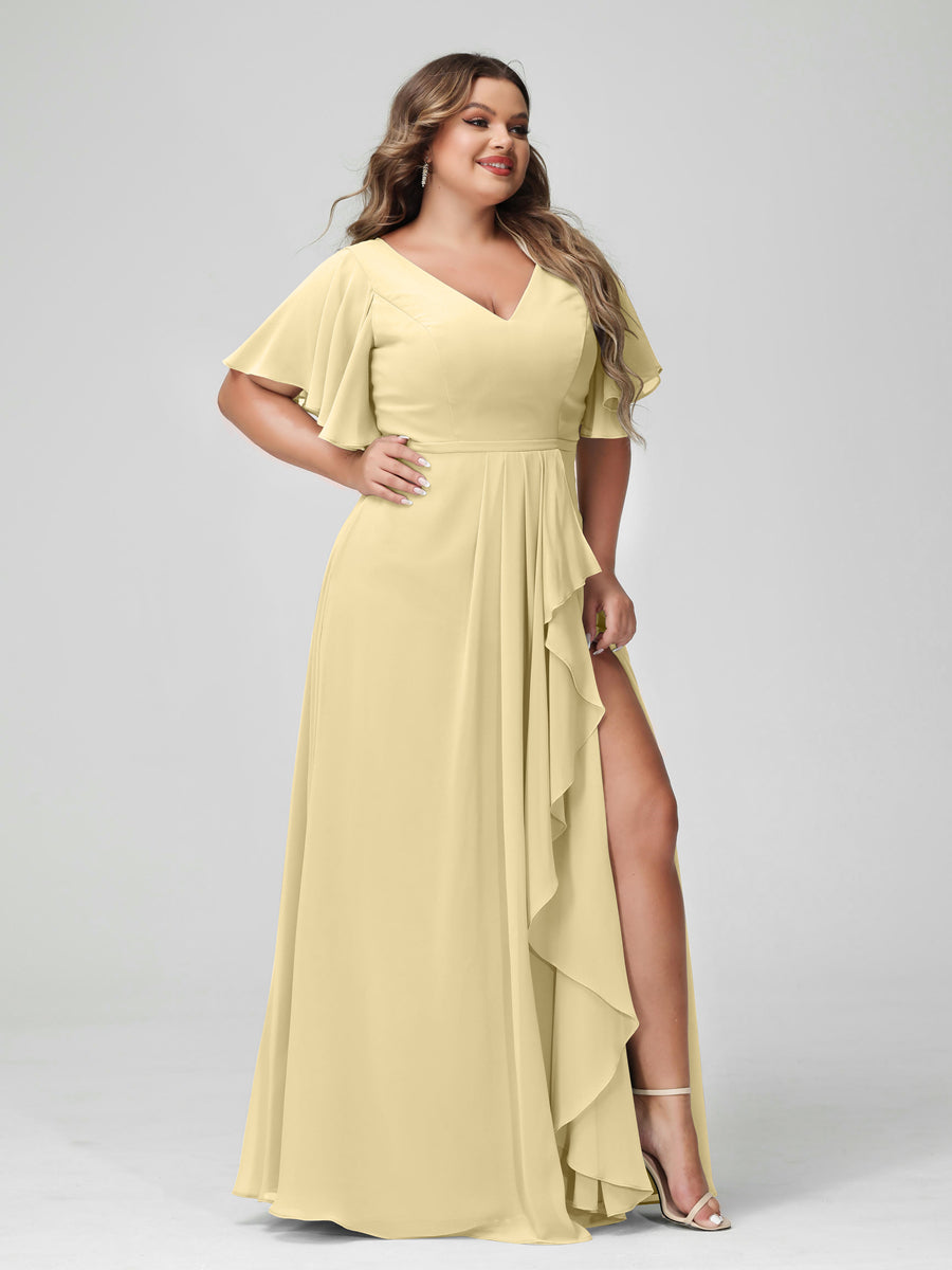 Plus Size Chiffon Bridesmaid Dress with V-Neck, A-Line/Princess Cut, Half Sleeves, Side Split & Ruffles-BMbridal.UK