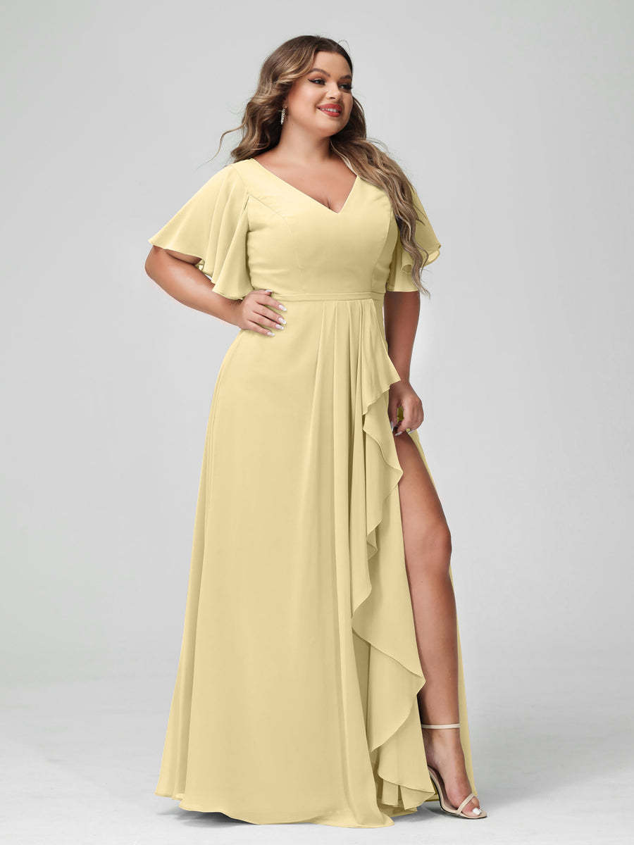 Plus Size Chiffon Bridesmaid Dress with V-Neck, A-Line/Princess Cut, Half Sleeves, Side Split & Ruffles-BMbridal.UK