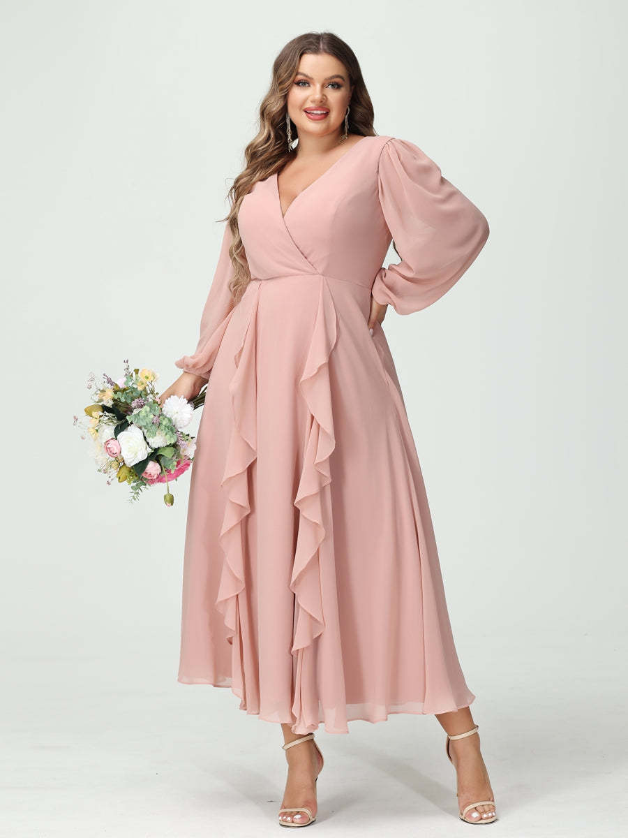 Plus Size Chiffon Bridesmaid Dress with V-Neck, Long Sleeves, and A-Line Princess Silhouette in Tea-Length Featuring Pockets & Ruffles-BMbridal.UK