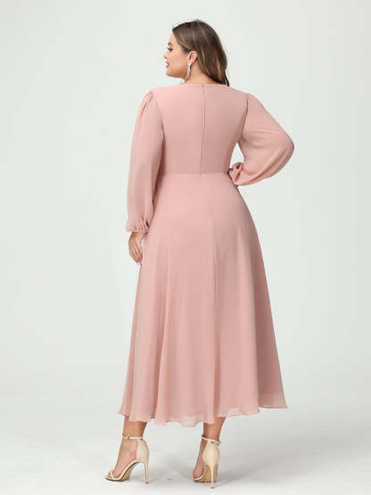 Plus Size Chiffon Bridesmaid Dress with V-Neck, Long Sleeves, and A-Line Princess Silhouette in Tea-Length Featuring Pockets & Ruffles-BMbridal.UK