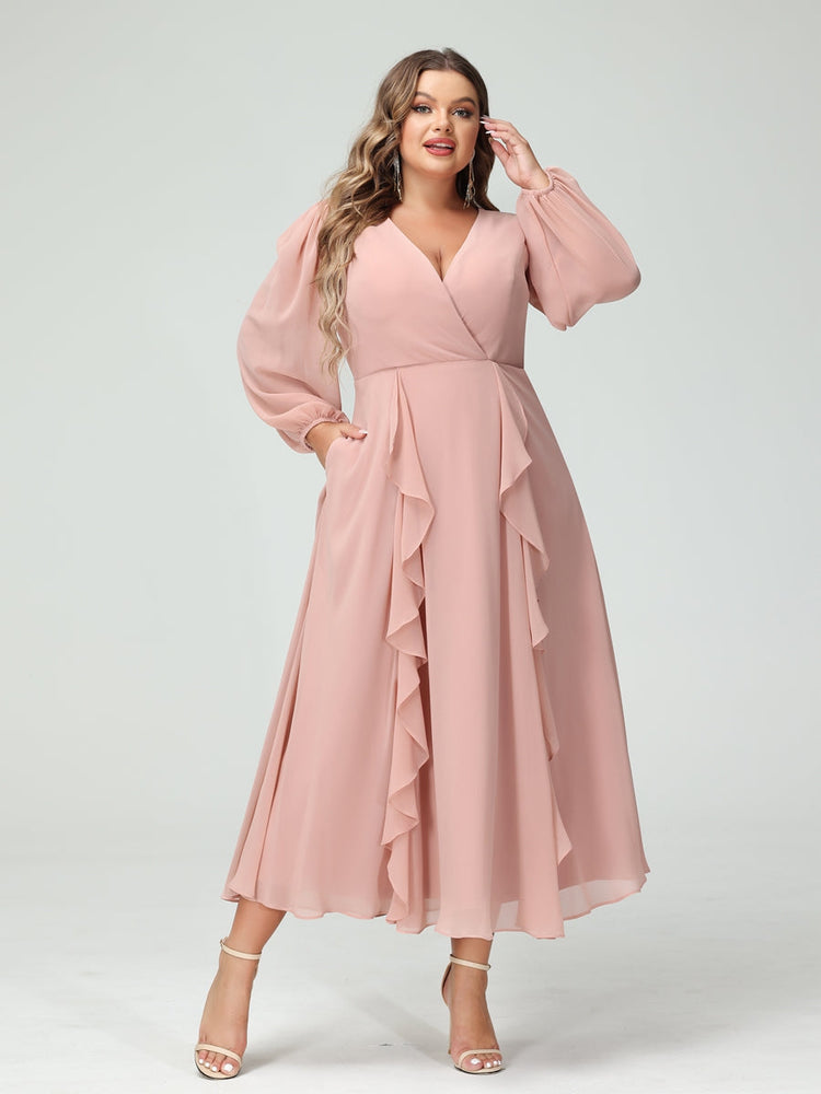 Plus Size Chiffon Bridesmaid Dress with V-Neck, Long Sleeves, and A-Line Princess Silhouette in Tea-Length Featuring Pockets & Ruffles-BMbridal.UK