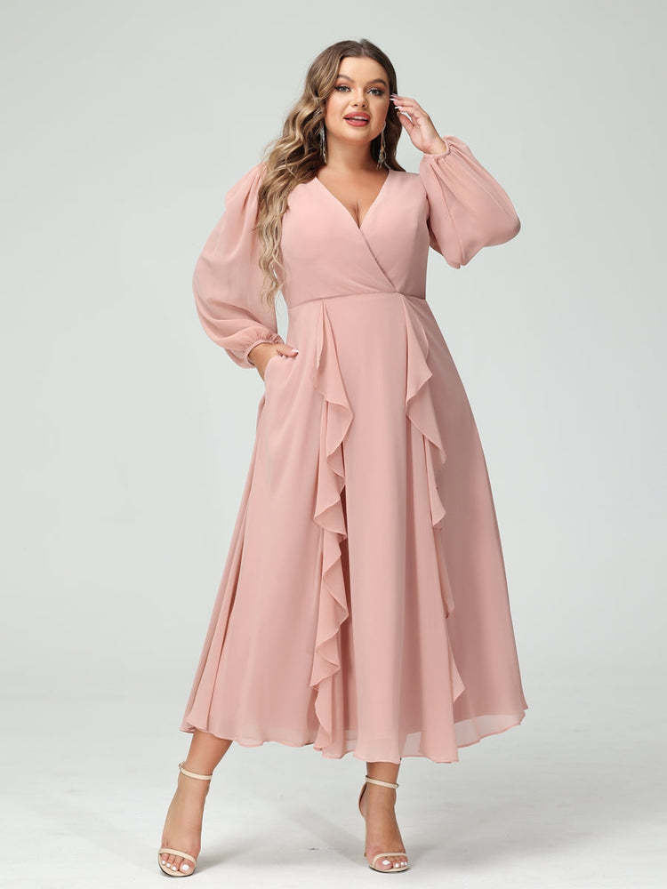 Plus Size Chiffon Bridesmaid Dress with V-Neck, Long Sleeves, and A-Line Princess Silhouette in Tea-Length Featuring Pockets & Ruffles-BMbridal.UK