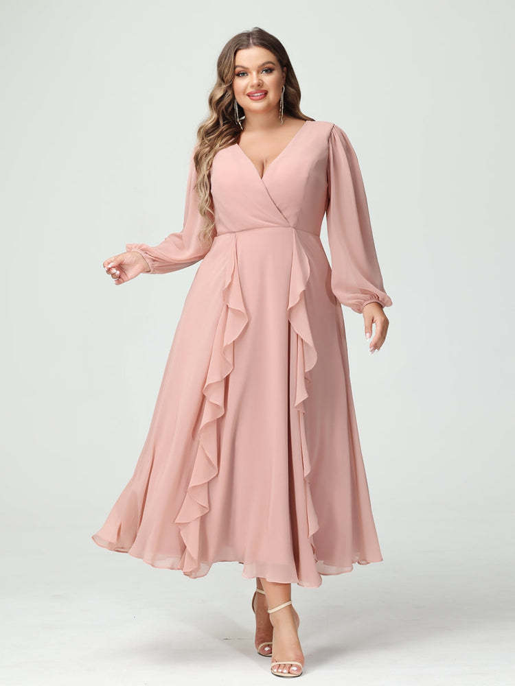 Plus Size Chiffon Bridesmaid Dress with V-Neck, Long Sleeves, and A-Line Princess Silhouette in Tea-Length Featuring Pockets & Ruffles-BMbridal.UK