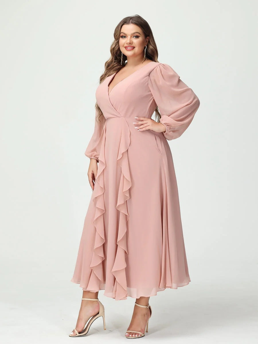 Plus Size Chiffon Bridesmaid Dress with V-Neck, Long Sleeves, and A-Line Princess Silhouette in Tea-Length Featuring Pockets & Ruffles-BMbridal.UK