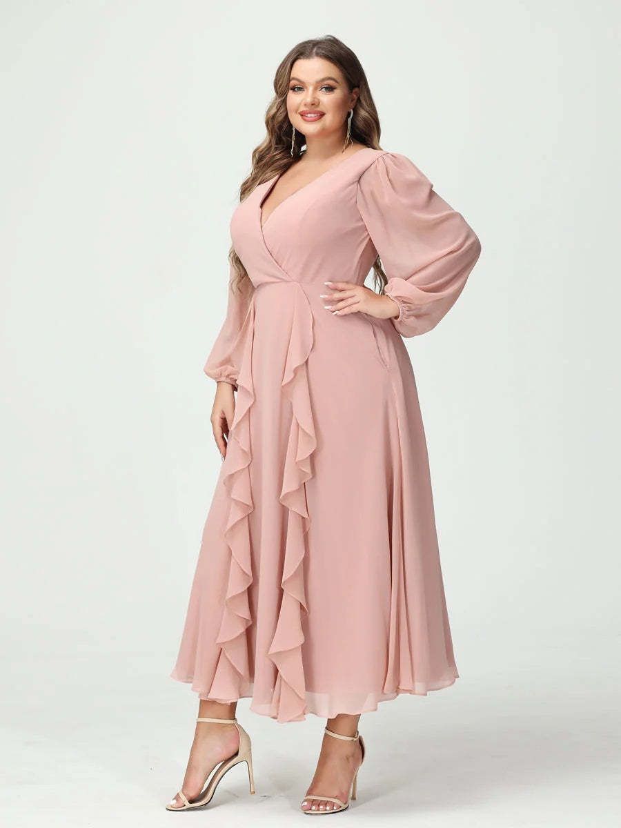 Plus Size Chiffon Bridesmaid Dress with V-Neck, Long Sleeves, and A-Line Princess Silhouette in Tea-Length Featuring Pockets & Ruffles-BMbridal.UK