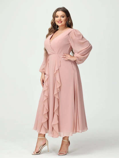 Plus Size Chiffon Bridesmaid Dress with V-Neck, Long Sleeves, and A-Line Princess Silhouette in Tea-Length Featuring Pockets & Ruffles-BMbridal.UK