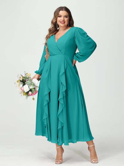 Plus Size Chiffon Bridesmaid Dress with V-Neck, Long Sleeves, and A-Line Princess Silhouette in Tea-Length Featuring Pockets & Ruffles-BMbridal.UK