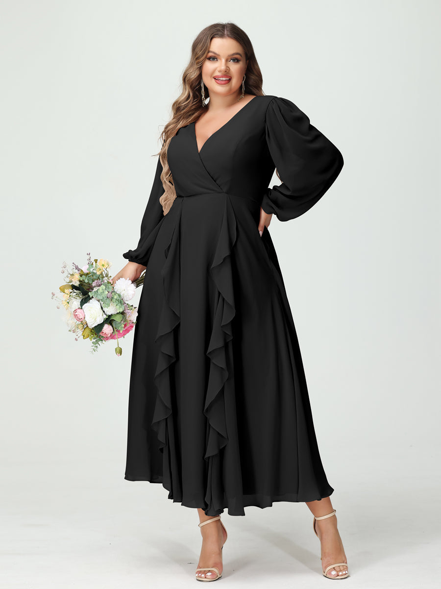 Plus Size Chiffon Bridesmaid Dress with V-Neck, Long Sleeves, and A-Line Princess Silhouette in Tea-Length Featuring Pockets & Ruffles-BMbridal.UK
