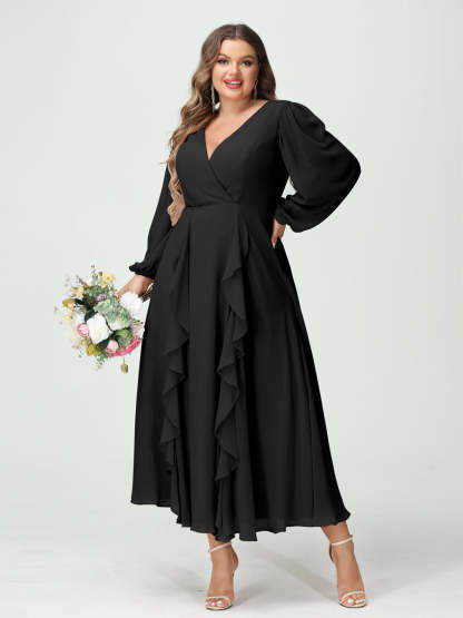 Plus Size Chiffon Bridesmaid Dress with V-Neck, Long Sleeves, and A-Line Princess Silhouette in Tea-Length Featuring Pockets & Ruffles-BMbridal.UK