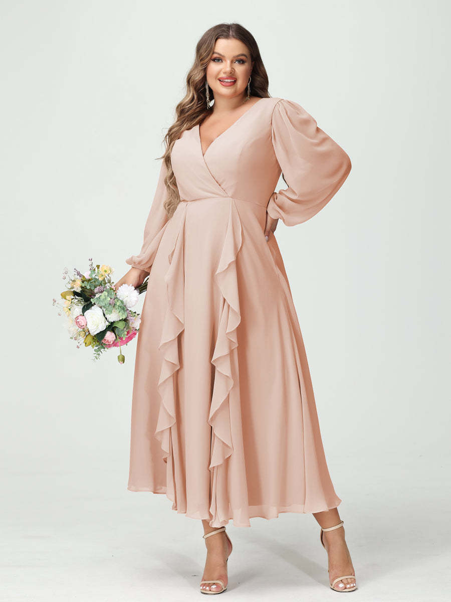 Plus Size Chiffon Bridesmaid Dress with V-Neck, Long Sleeves, and A-Line Princess Silhouette in Tea-Length Featuring Pockets & Ruffles-BMbridal.UK