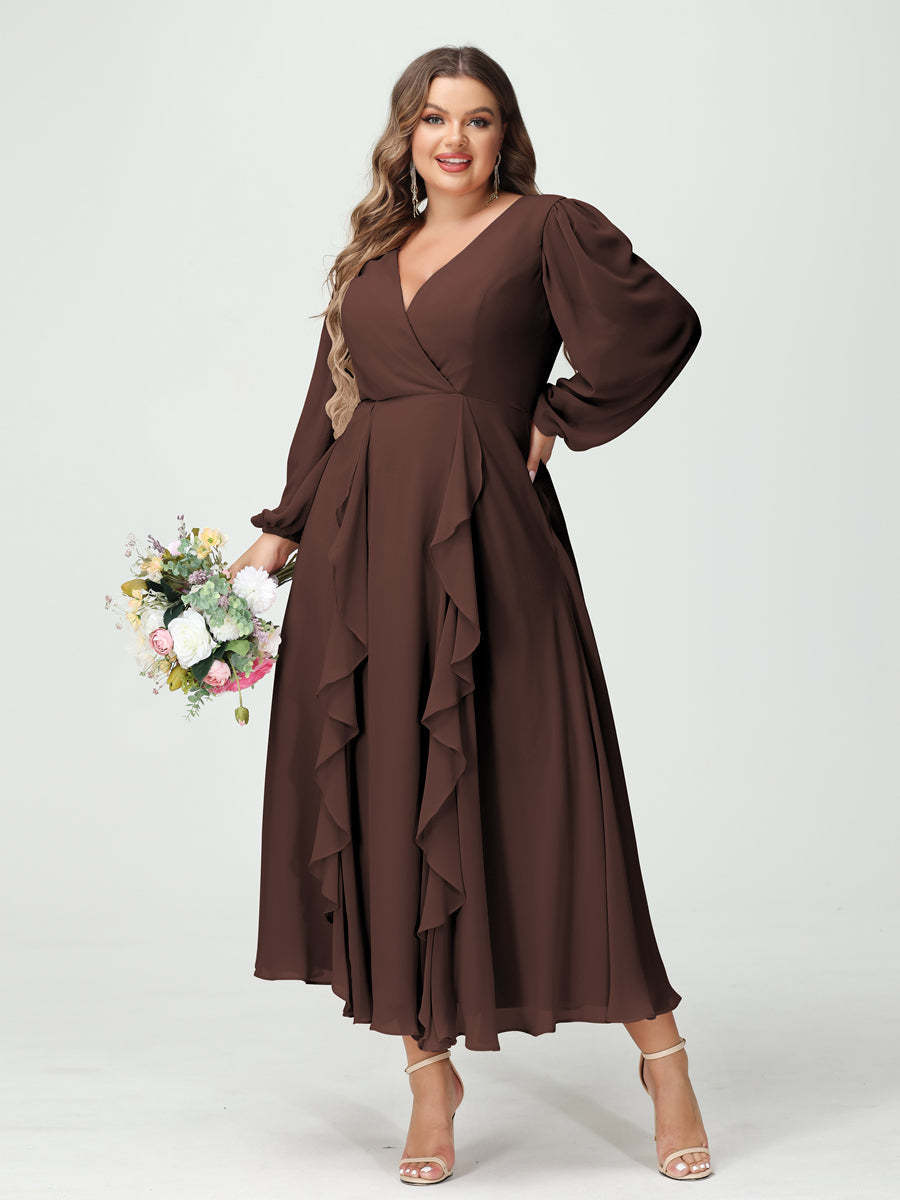 Plus Size Chiffon Bridesmaid Dress with V-Neck, Long Sleeves, and A-Line Princess Silhouette in Tea-Length Featuring Pockets & Ruffles-BMbridal.UK