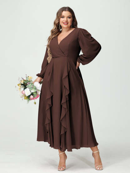 Plus Size Chiffon Bridesmaid Dress with V-Neck, Long Sleeves, and A-Line Princess Silhouette in Tea-Length Featuring Pockets & Ruffles-BMbridal.UK