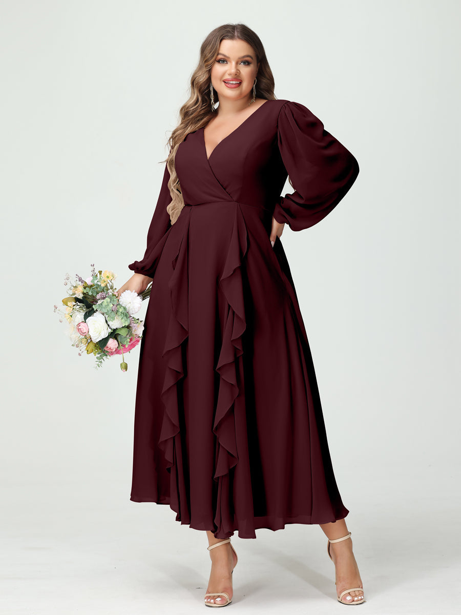 Plus Size Chiffon Bridesmaid Dress with V-Neck, Long Sleeves, and A-Line Princess Silhouette in Tea-Length Featuring Pockets & Ruffles-BMbridal.UK