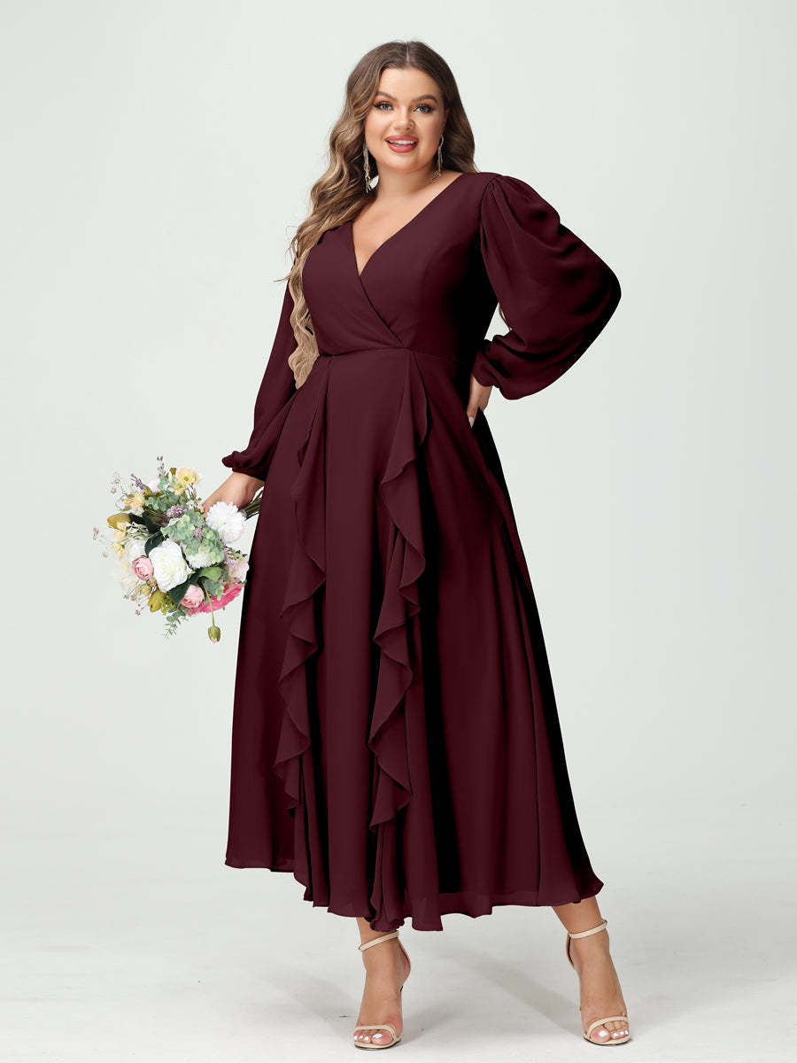 Plus Size Chiffon Bridesmaid Dress with V-Neck, Long Sleeves, and A-Line Princess Silhouette in Tea-Length Featuring Pockets & Ruffles-BMbridal.UK