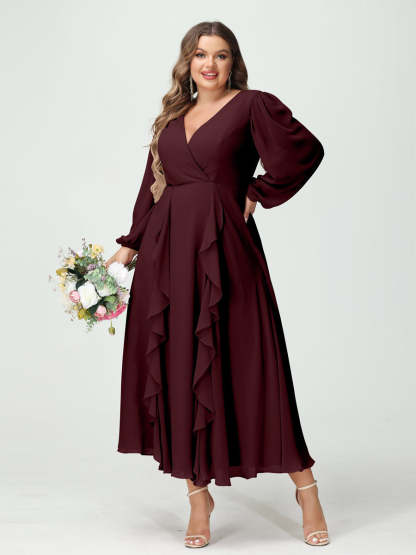 Plus Size Chiffon Bridesmaid Dress with V-Neck, Long Sleeves, and A-Line Princess Silhouette in Tea-Length Featuring Pockets & Ruffles-BMbridal.UK