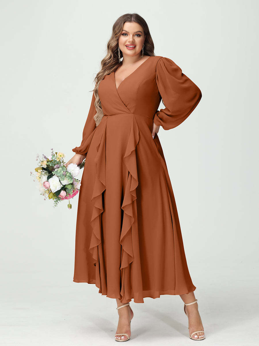 Plus Size Chiffon Bridesmaid Dress with V-Neck, Long Sleeves, and A-Line Princess Silhouette in Tea-Length Featuring Pockets & Ruffles-BMbridal.UK