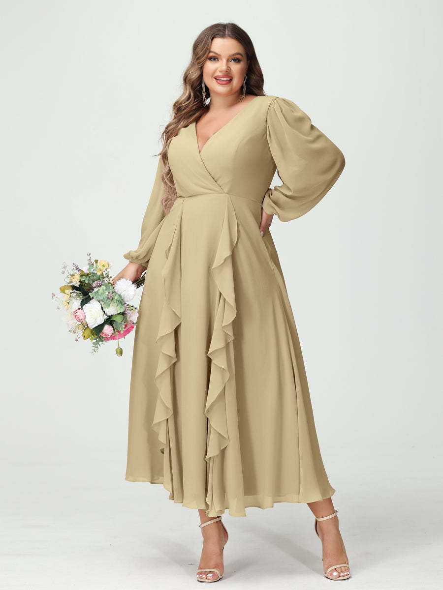 Plus Size Chiffon Bridesmaid Dress with V-Neck, Long Sleeves, and A-Line Princess Silhouette in Tea-Length Featuring Pockets & Ruffles-BMbridal.UK