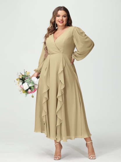 Plus Size Chiffon Bridesmaid Dress with V-Neck, Long Sleeves, and A-Line Princess Silhouette in Tea-Length Featuring Pockets & Ruffles-BMbridal.UK