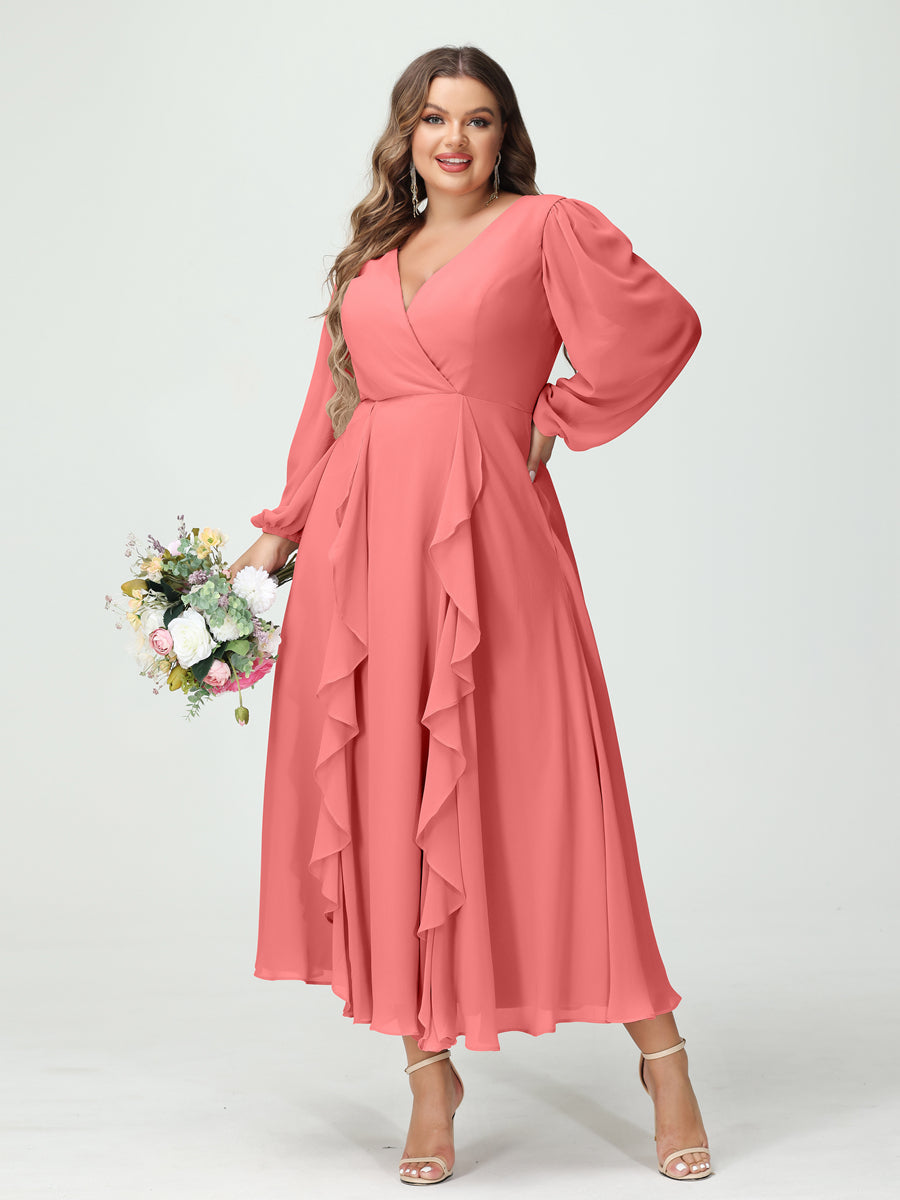 Plus Size Chiffon Bridesmaid Dress with V-Neck, Long Sleeves, and A-Line Princess Silhouette in Tea-Length Featuring Pockets & Ruffles-BMbridal.UK