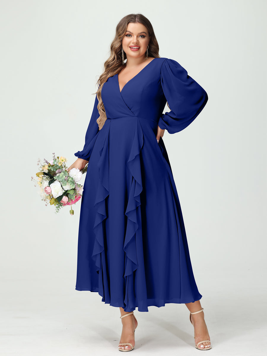 Plus Size Chiffon Bridesmaid Dress with V-Neck, Long Sleeves, and A-Line Princess Silhouette in Tea-Length Featuring Pockets & Ruffles-BMbridal.UK