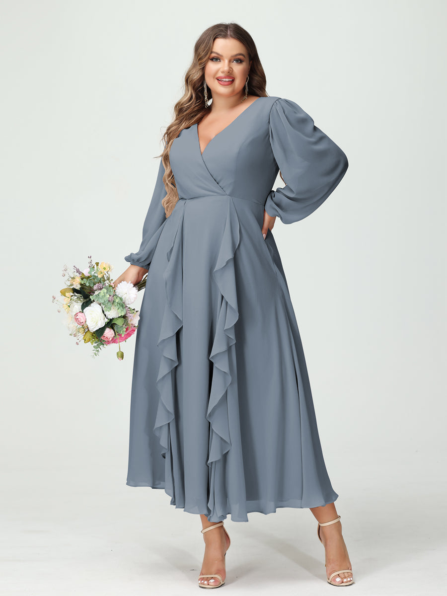 Plus Size Chiffon Bridesmaid Dress with V-Neck, Long Sleeves, and A-Line Princess Silhouette in Tea-Length Featuring Pockets & Ruffles-BMbridal.UK