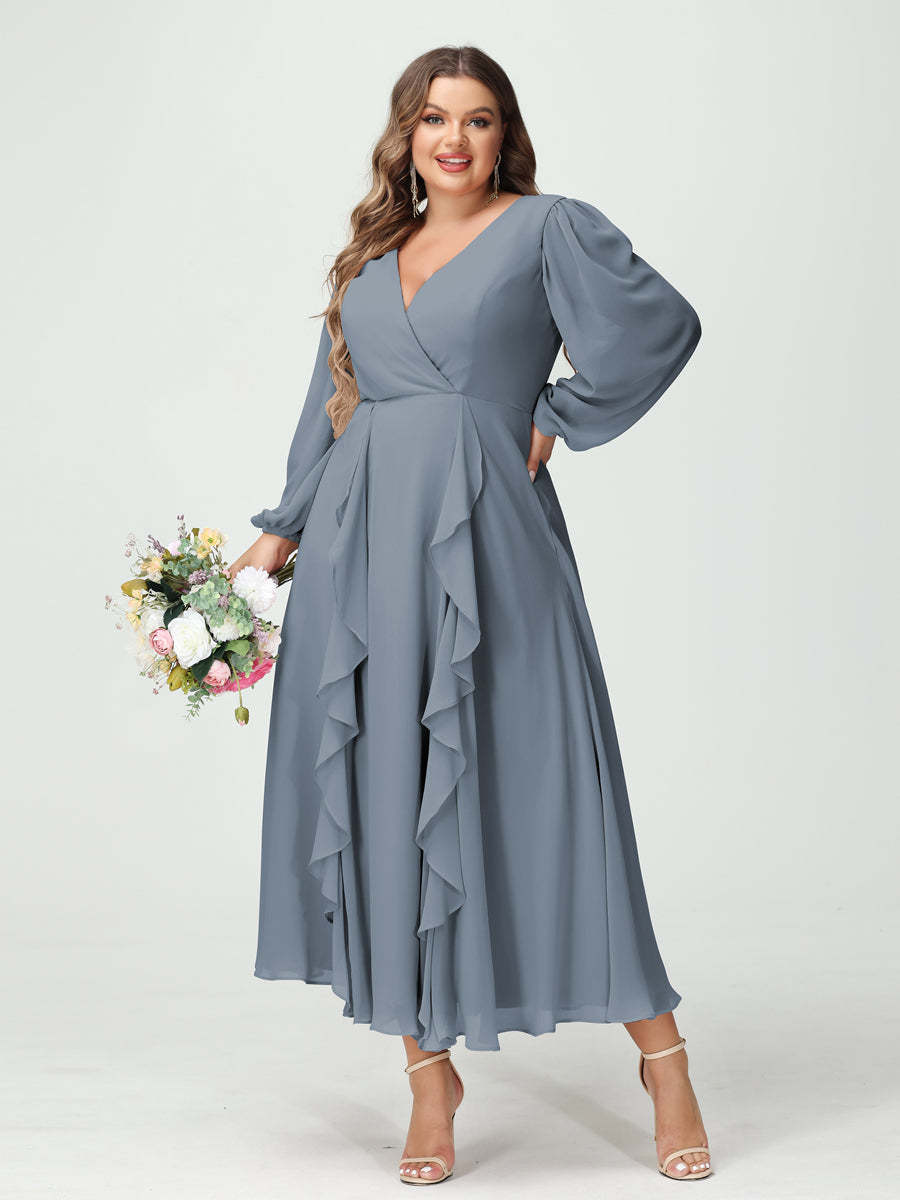 Plus Size Chiffon Bridesmaid Dress with V-Neck, Long Sleeves, and A-Line Princess Silhouette in Tea-Length Featuring Pockets & Ruffles-BMbridal.UK