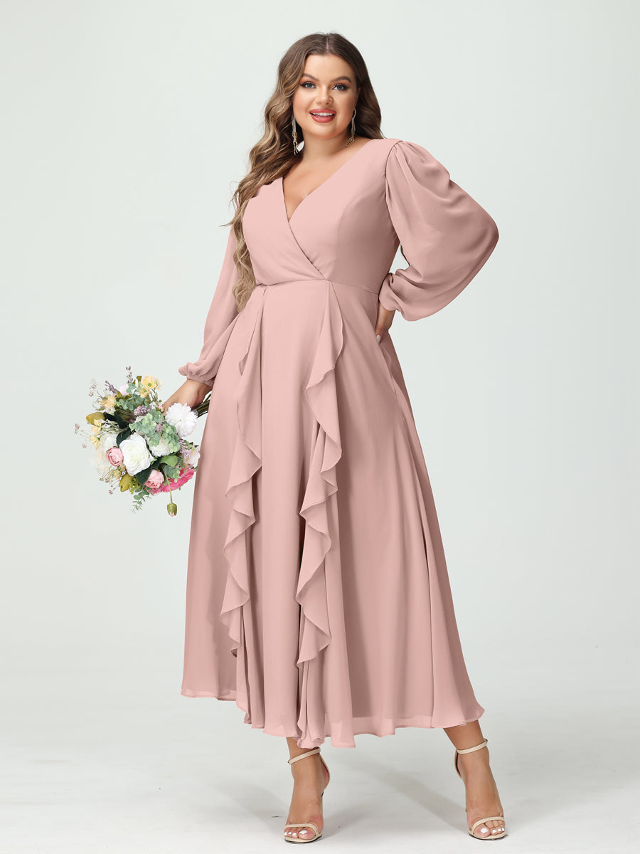 Plus Size Chiffon Bridesmaid Dress with V-Neck, Long Sleeves, and A-Line Princess Silhouette in Tea-Length Featuring Pockets & Ruffles-BMbridal.UK