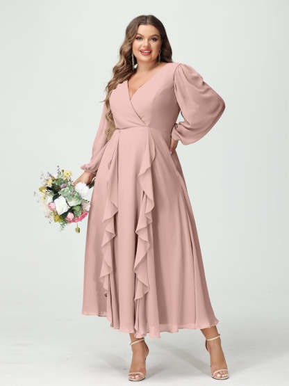 Plus Size Chiffon Bridesmaid Dress with V-Neck, Long Sleeves, and A-Line Princess Silhouette in Tea-Length Featuring Pockets & Ruffles-BMbridal.UK