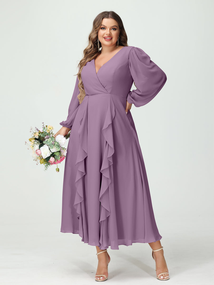 Plus Size Chiffon Bridesmaid Dress with V-Neck, Long Sleeves, and A-Line Princess Silhouette in Tea-Length Featuring Pockets & Ruffles-BMbridal.UK