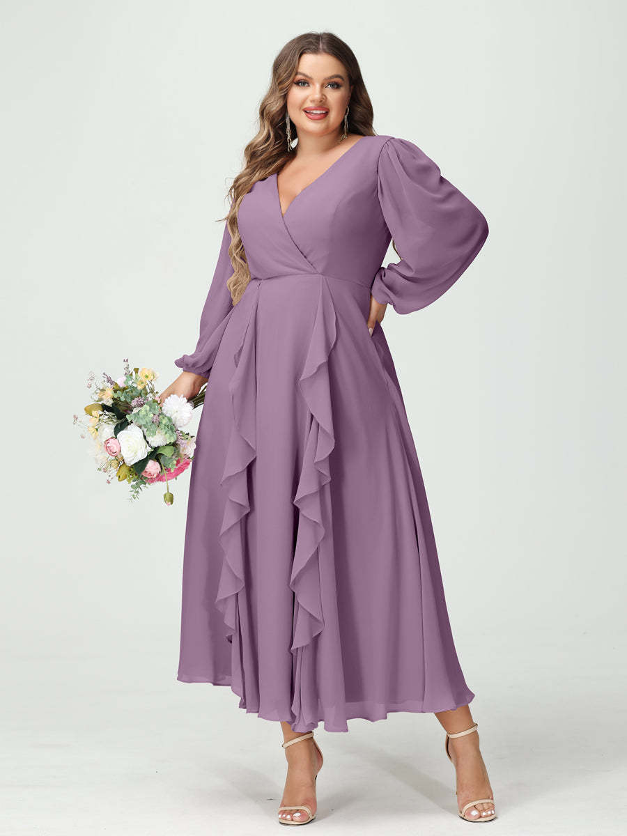 Plus Size Chiffon Bridesmaid Dress with V-Neck, Long Sleeves, and A-Line Princess Silhouette in Tea-Length Featuring Pockets & Ruffles-BMbridal.UK