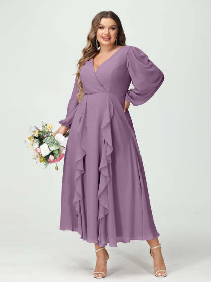 Plus Size Chiffon Bridesmaid Dress with V-Neck, Long Sleeves, and A-Line Princess Silhouette in Tea-Length Featuring Pockets & Ruffles-BMbridal.UK